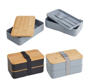 קופסת אוכל כפולה עם מכסה במבוק ומגש סכו"ם