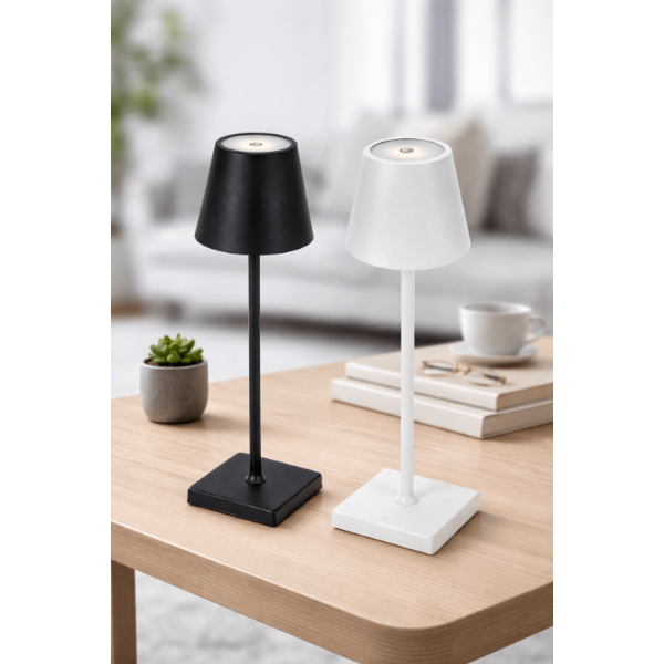 מנורת שולחן נטענת עם תאורת LED, עמעום במגע ועיצוב אלגנטי בצבע שחור ולבן