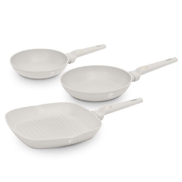 סט 3 מחבתות כולל מחבת גריל בציפוי TitanPro בצבע שמנת מתאים לכל סוגי הכיריים כולל אינדוקציה