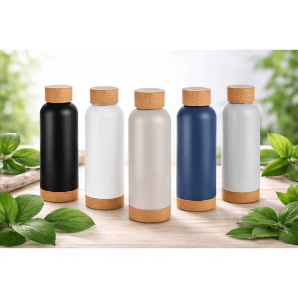 בקבוק נירוסטה תרמי עם פקק ותחתית שעם טבעי, בעיצוב נקי ואקולוגי, מתאים למיתוג והדפסה