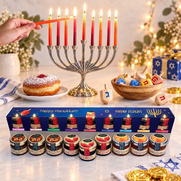 מארז חנוכייה עם 9 ריבות בטעמים למילוי סופגניות – מתנה לחנוכה לעובדים