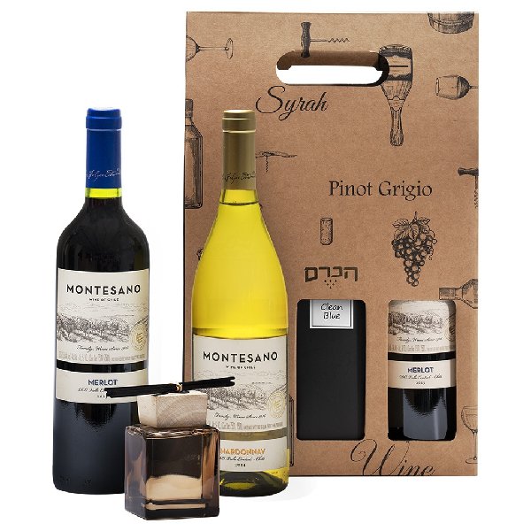 מארז מתנה הכולל שני יינות מונטסאנו – מרלו ושרדונה – לצד מפיץ ריח במארז קרטון.