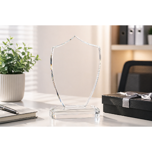 מגן הוקרה קריסטל שקוף בעיצוב אלגנטי עם בסיס מובנה