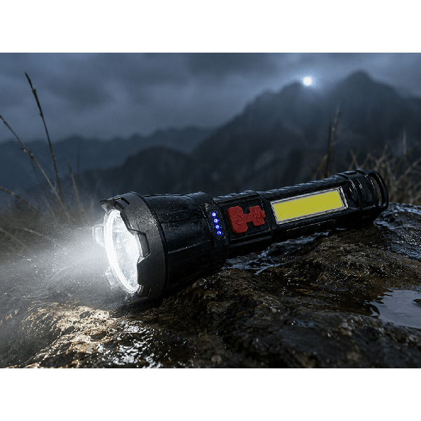 פנס יד טקטי עוצמתי ספוטלייט מבית FORCELIGHT נטען USB עם תאורת COB וחיווי סוללה