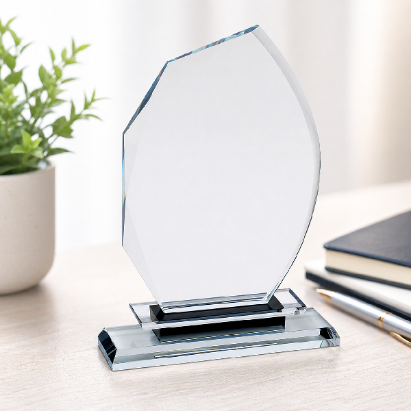 מגן הוקרה קריסטל עם בסיס מלבני כפול על רקע בהיר